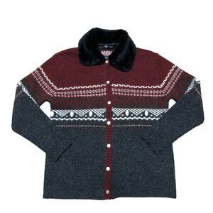 VTG ANGORA WOOL BLEND CARDIGAN SZ S GRAY FAUX FUR COLLAR SHELL BUTTONS MAC & JAC